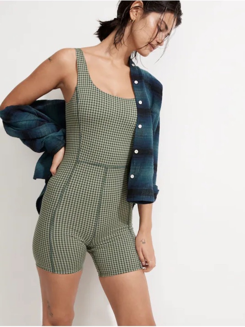 Madewell MWL Flex Biker Unitard in Check Green